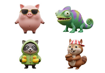 Naklejka premium Photo of a whimsical group of cartoon animal figures including a pig, chameleon, raccoon, and squirrel isolated on transparent background