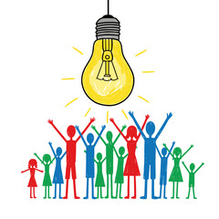 Colorful stick figures celebrating under a glowing light bulb  