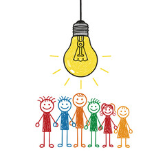 Group of stick figures holding hands under a glowing light bulb  