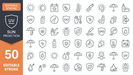Sun protection icons shield umbrella sun lotion calendar thermometer water drop glasses vector