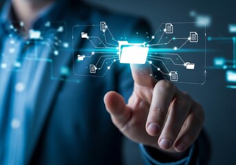 Person s finger interacting with futuristic digital interface displaying glowing data connections and icons