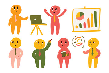 Fototapeta premium Business Cartoon Figures: A set of whimsical cartoon figures, embodying the various aspects of business activities, complete with props, and diverse expressions.