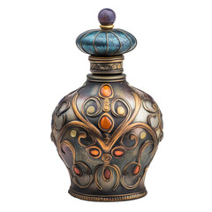 a vintage ornamental perfume bottle, An exquisite vintage perfume bottle showcasing ornate details and a graceful form, isolated on transparent background