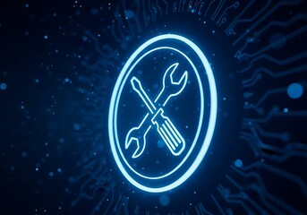Glowing blue neon wrench and screwdriver icon symbolizing technical support and repair services on a digital circuit board background