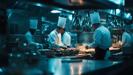 Ultra HD Chefs cooking food in a busy restaurant kitchen video Chefs cooking food video Chefs cooking food video male cooks working in the kitchen video Chefs teamwork video kitchen crew in action