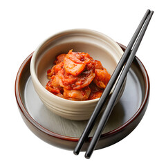 "Small Korean kimchi serving set with ceramic dish and tongs, isolated on transparent background, studio lighting"