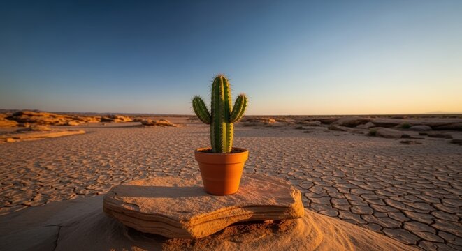 potted cactus on rock in cracked desert under sunset sky - Powered by Adobe