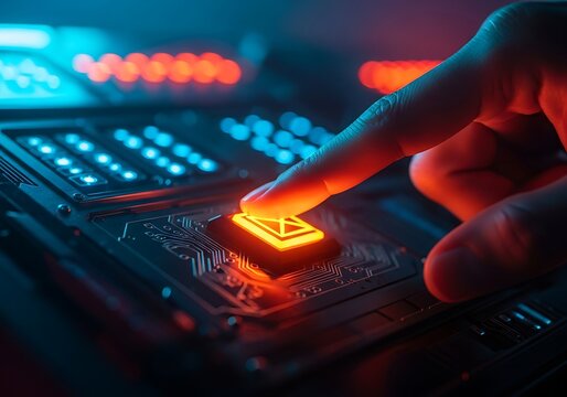 Gamer s finger presses illuminated button on a futuristic keyboard with glowing neon lights