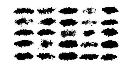 The image displays a collection of differently shaped, textured black brush strokes or splatters arranged in rows and columns against a stark white backdrop, exhibiting various ink effects