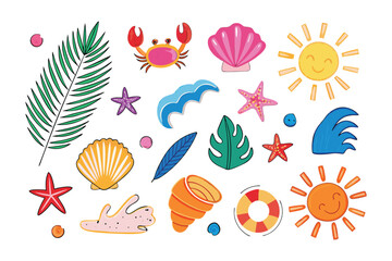 Vibrant Summer Elements: A collection of colorful summer elements with seashell, crab, starfish, wave, sun, conveying a sense of fun and joy