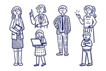 Unified Group Illustration: A stylized sketch of diverse figures, each conveying unique expressions and postures, stands together in a harmonious representation of unity and human form.