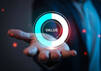 Hand holding a glowing circular infographic representing value showcasing progress and data visualization with futuristic elements