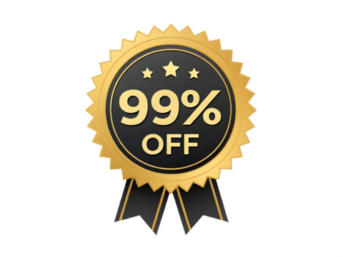 Golden sunburst badge with 99 percent off text and ribbon isolated on a transparent background ninety