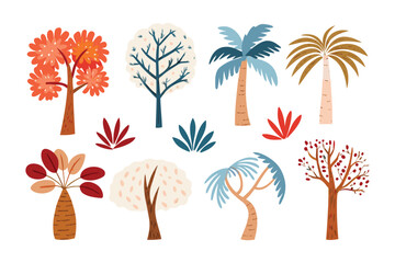 Diverse Botanical Collection: A vivid assortment of stylized trees and foliage bursts with life, presenting a spectrum of forms and colors, perfect for design projects.