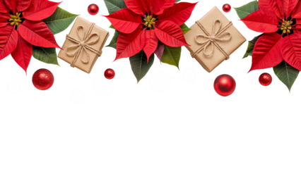 Top border design with red poinsettia flowers, kraft-wrapped gifts, and matte-gloss Christmas ornaments, festive holiday composition isolated on transparent background for seasonal frames or cards