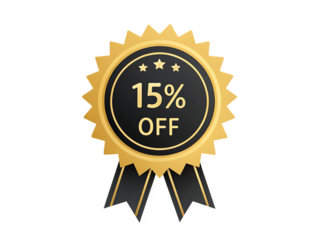 Golden sunburst badge with black center displaying 15 percent off isolated on a transparent background