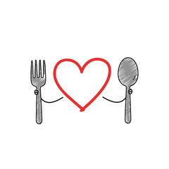 Cutlery fork and spoon with heart symbol for love of food  