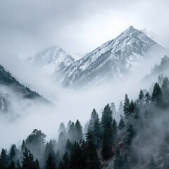 Misty mountain range with snow-capped peaks