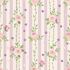 Seamless vintage floral pattern with delicate pink roses and green leaves on a pastel striped background