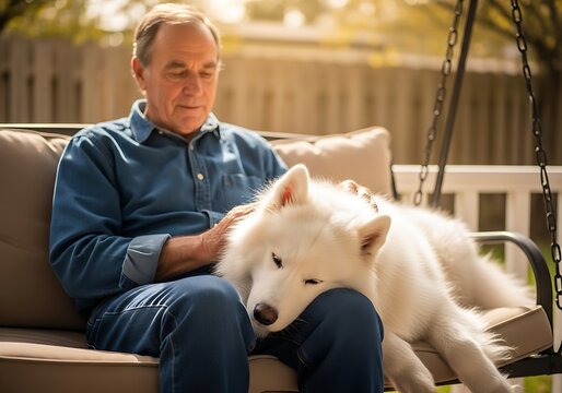 Senior Man Relaxing on Porch Swing with Loyal White Samoyed Dog Enjoying Golden Sunlight Together in Peaceful Serenity - Powered by Adobe