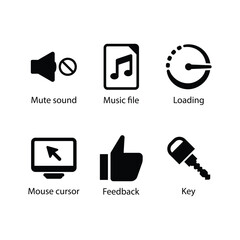 Mute sound, Music file, Loading, Mouse cursor, Feedback, Key, icon