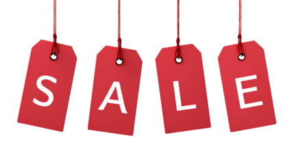 Red sale tags spelling out the word sale isolated on transparent background