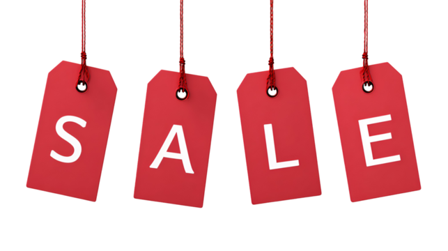 Red sale tags spelling out the word sale isolated on transparent background