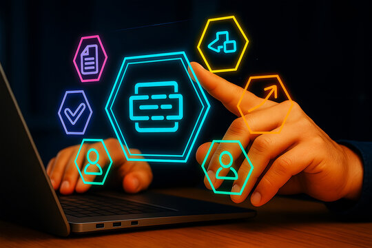 Hand Interacting with Database and User Icons on Laptop