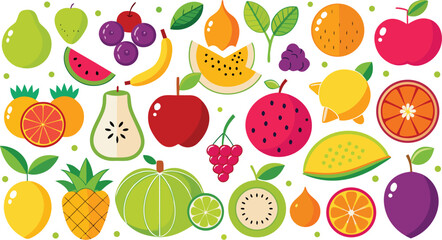 Assortment of colorful cartoon fruits and berries on a white background healthy eating food