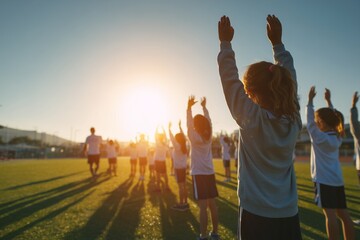 School children exercising in the morning sunlight on a grassy field.
