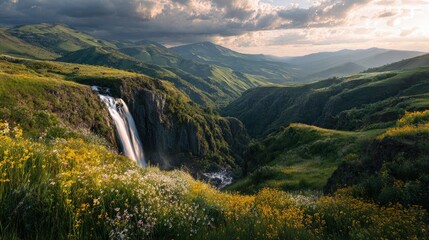 Dramatic spring landscape a waterfall cascading into a valley of wildflowers golden hour lighting beautiful and majestic