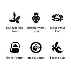 Sausage’s food, Strawberry fruit, sweet donut, Tea kettle, Breakfast, Banana, icon