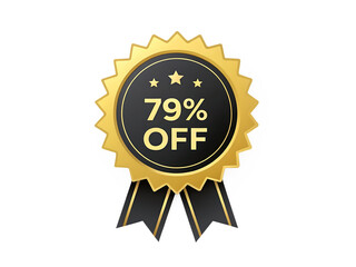 Golden sunburst badge with black circle and 79 percent off text isolated on a transparent background