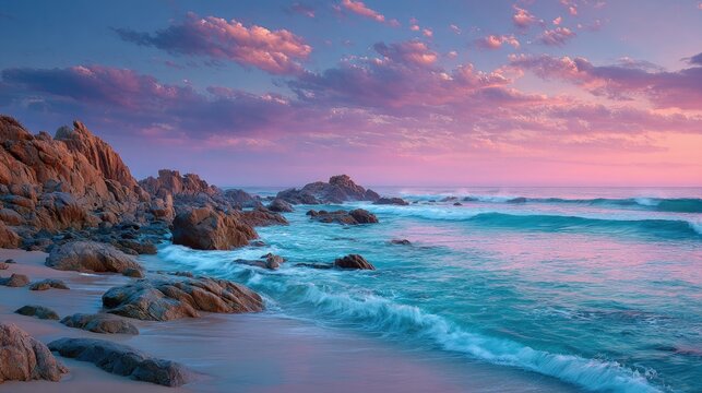 Misty ocean scenic landscape at dawn soft pastel hues blending with gentle waves rolling onto a secluded rocky shore