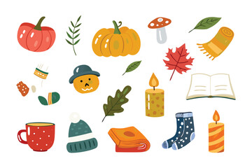 Autumn Harvest Still Life: This illustration captures the warmth of autumn with a collection of seasonal elements, evoking coziness and the spirit of harvest. The charming display includes pumpkins.