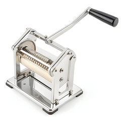 A hand crank potato slicer used to manually slice potatoes evenly, isolated