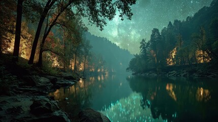 A hidden forest lake under a starry night sky scenic landscape with glowing bioluminescent waters and towering ancient trees
