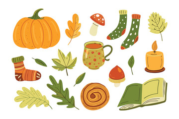 Autumnal Bliss: A collection of warm, autumnal items, including pumpkin, leaves, candle and others, perfect for evoking feelings of coziness and seasonal charm. 
