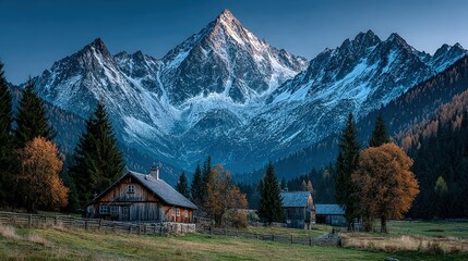 A peaceful mountain village nestled among towering peaks scenic landscape with wooden cabins smoke chimneys and autumn foliage