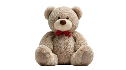 Cute teddy bear with red bow tie isolated on transparent background