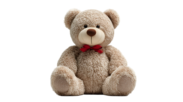 Cute teddy bear with red bow tie isolated on transparent background