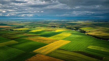 Overhead drone shot of a patchwork farmland scenic green and gold fields under a soft cloudy sky