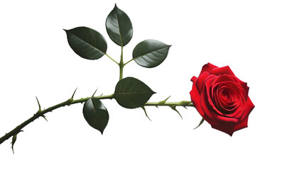 Single red rose isolated on white background with green leaf and stem