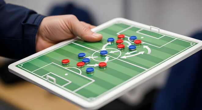 A person holding a tactical soccer board, displaying player formations and strategic movements.