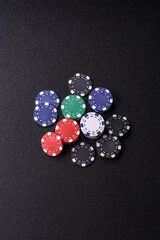 Casino chips, bets and gambling, risk to win or lose money. Betting chips