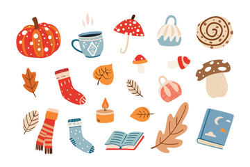 Autumn's Cozy Collection: Delightful illustrated set featuring autumn essentials - pumpkin, cozy drink, mushroom, umbrella, socks, falling leaf, candle and book. 