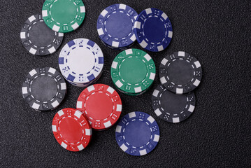 Casino chips, bets and gambling, risk to win or lose money. Betting chips