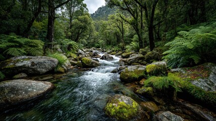 Obraz premium A roaring river rushes over smooth boulders scenic landscape with dense ferns and moss-covered rocks