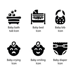 Bath tub, Baby bed, Baby bib, crying, smiling, diaper, icon