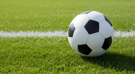 Fototapeta premium A close-up shot of a soccer ball resting on a vibrant green grass field, near a white line.